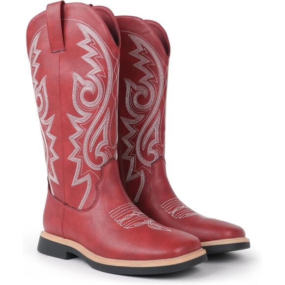 Brand New Women's Red Leather Cowgirl Boots Western Square Toe Embroidered - Picture 5 of 6